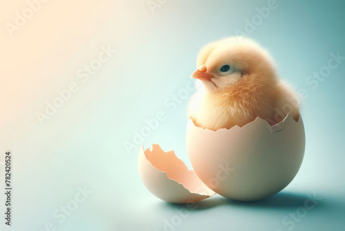 A small chick hatched from an egg on a clean background. Space for text.