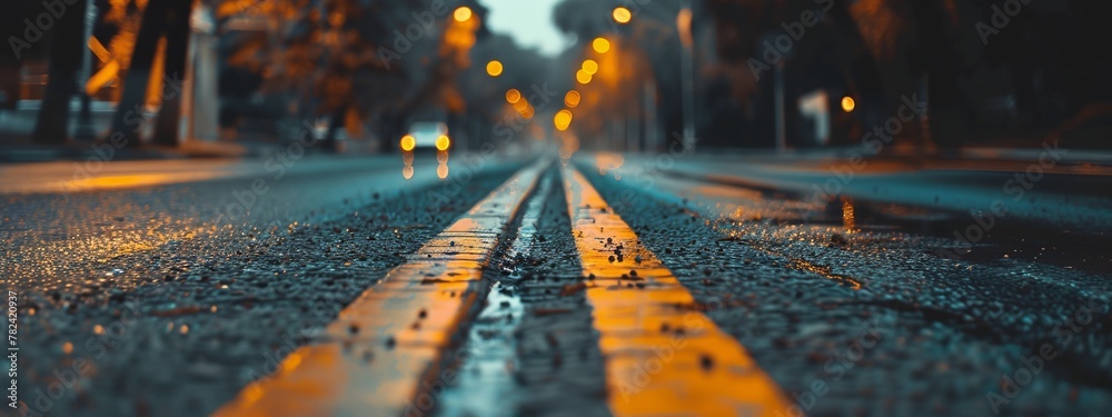 a wet street with a yellow line on the side of it at night time - obrazy, fototapety, plakaty 