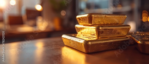 Gold bars on trading desk, soft focus, warm lighting, wealth symbol, close-up © Thanthara