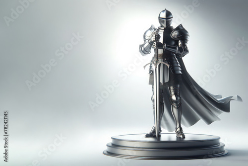 A knight standing in armor and holding a sword. Space for text. photo