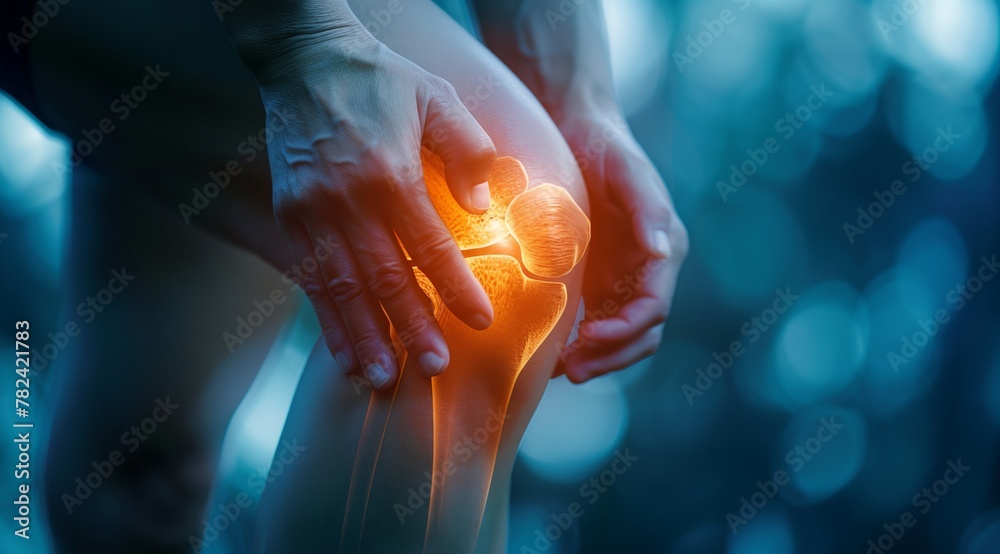 a person holding their knee with hand - obrazy, fototapety, plakaty 