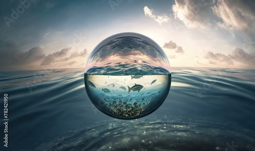 Ethereal Aquatic Reflection: Clouds and Ripples in a Glass Orb Generative AI
