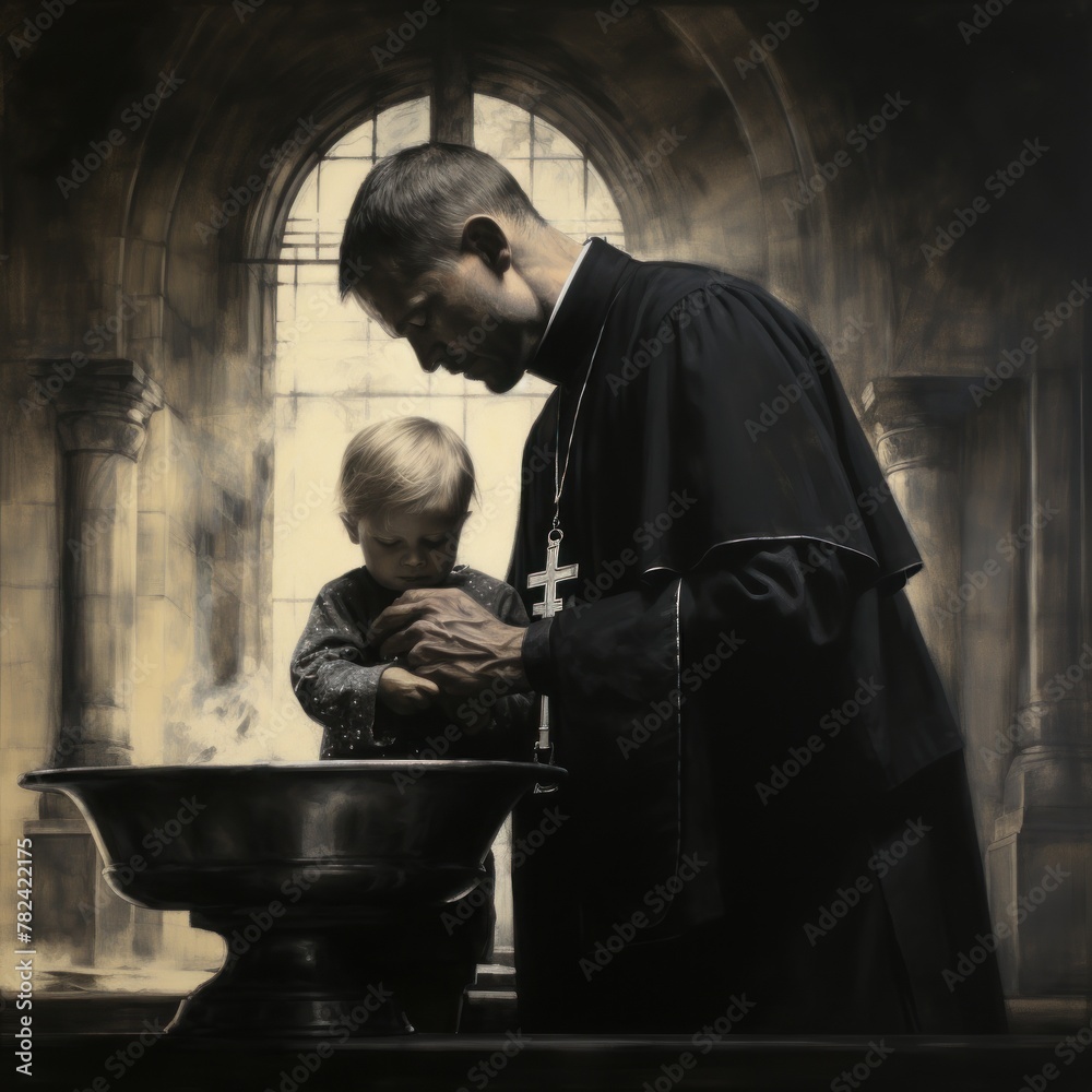 Naklejka premium Christian Baptism Ceremony in Historic Church Generative AI