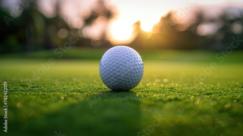 A golf ball rests on the green grass of a golf course