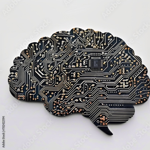 A computer chip is shown in the shape of a brain. Concept of technology and the human brain, and the mood is somewhat futuristic and intriguing