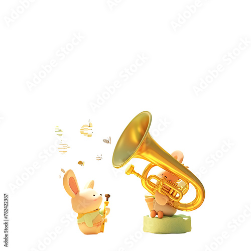 A small toy rabbit joyfully plays a trumpet alongside a whimsical cartoon horn in a playful nursery scene, amusing a surprised doll. Isolated on transparent