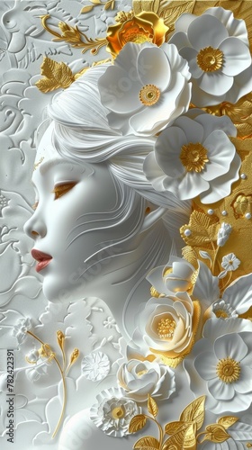 A woman with a flower crown on her head. The flowers are gold and white. The woman's face is white and she has a red lip
