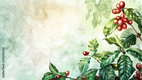 A painting of a tree with green leaves and red berries. The painting has a peaceful and calming mood