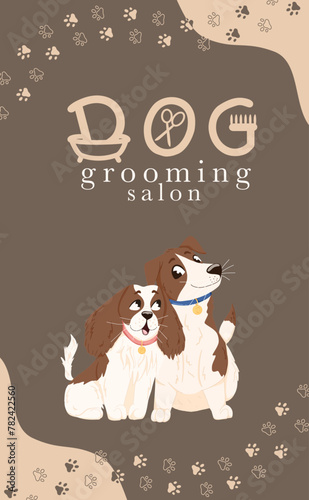 Vector poster template for pet shop, dog grooming salon. Cute design with dogs and paw print pattern. Hand written logo. Vector cartoon illustration for flyer, banner, advertisement, business card