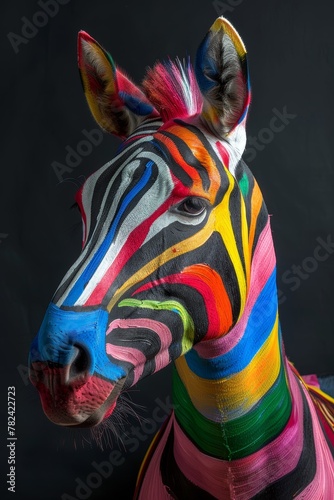 A zebra with its head cut off and its face painted with a rainbow of colors. The zebra s face is a colorful and artistic representation of the animal s natural beauty. The painting is a creative