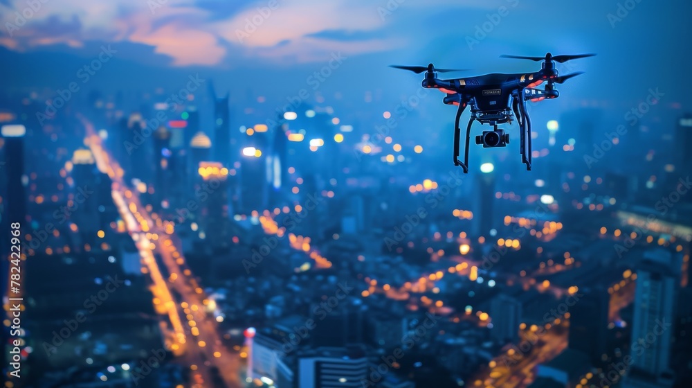 Remote-controlled drone is seen soaring above a city skyline illuminated by bright lights during the nighttime. The drones lights reflect off the city below as it moves through the dark sky. Remote-controlled drone is seen soaring above a city skyline illuminated by bright lights during the nighttime. The drones lights reflect off the city below as it moves through the dark sky.
