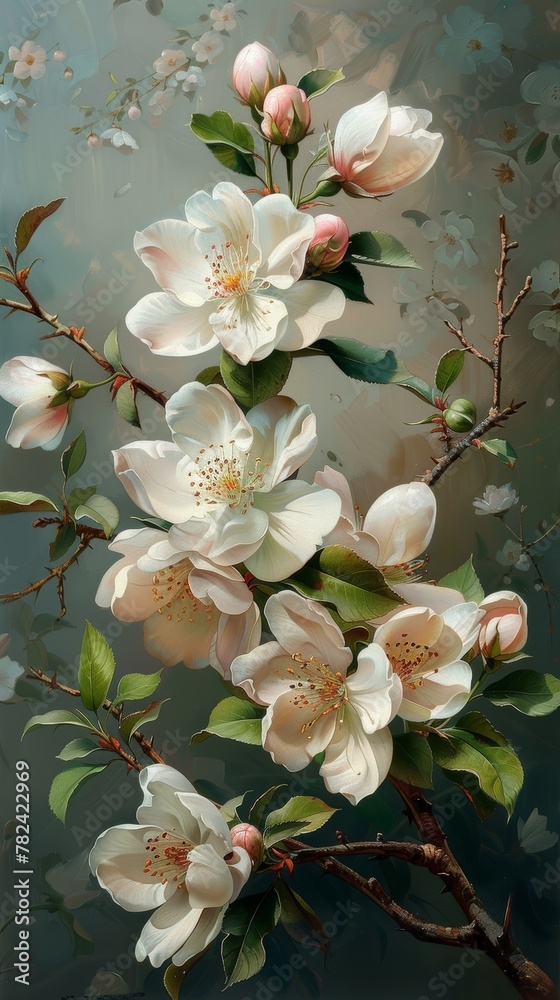 A painting of a branch with white flowers on it