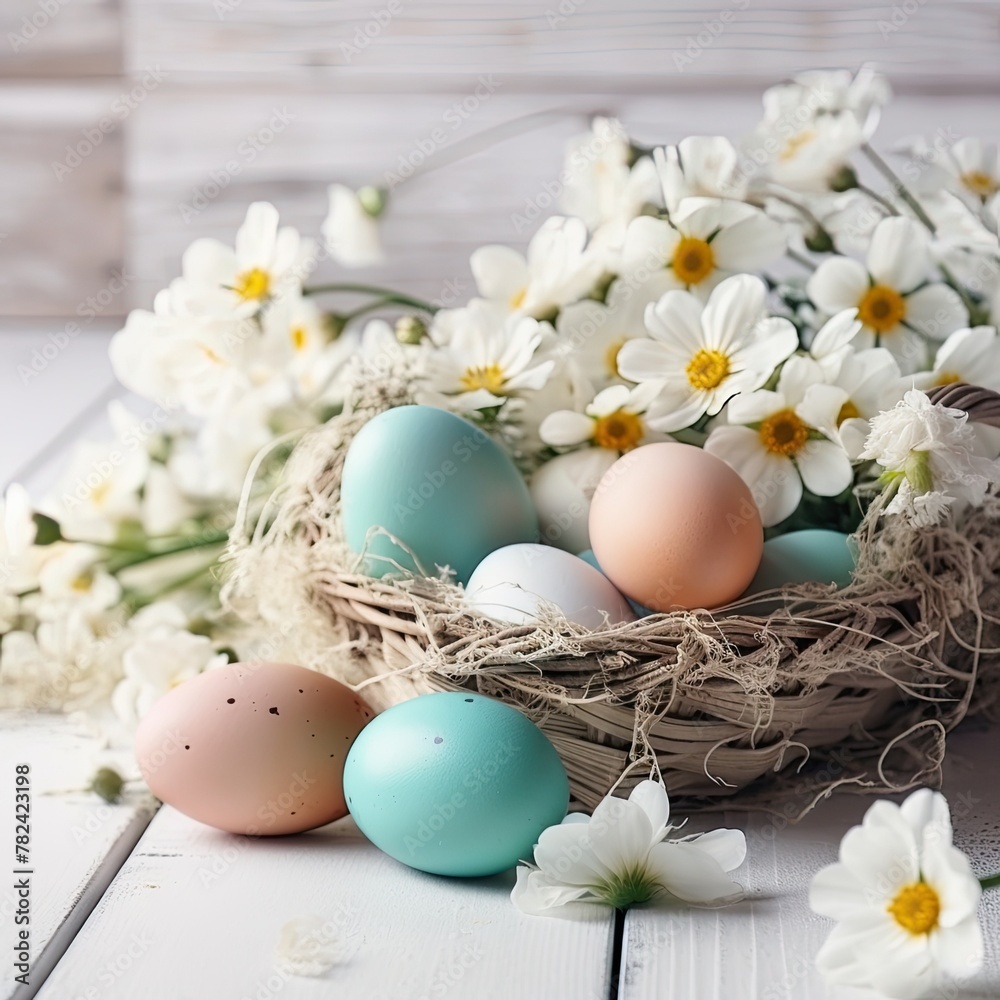 Basket of Decorated Easter Eggs with Flowers on Rustic Wooden Background Generative AI