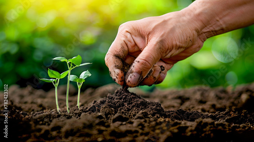 Farmer's hand planting seeds in soil agriculture concept