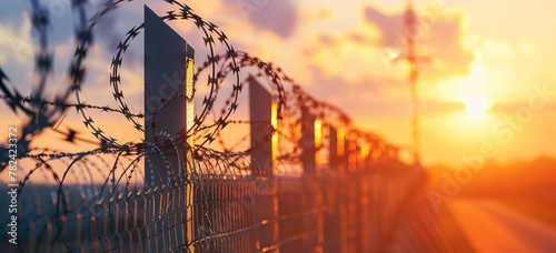Close-up of sharp razor wire fence at sunset. Barbed tape. Rusty metal barbered wire on jail. Concept of prison, immigration, detention, boundary or war. AI generated illustration photo