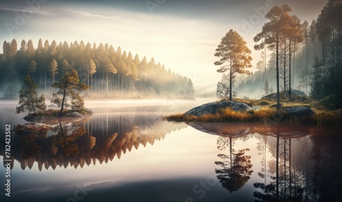 Serene Landscape of a Forested Russian Lake Generative AI
