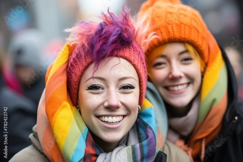 Happy Gay Asian Couple Celebrating with Pride Flag Generative AI