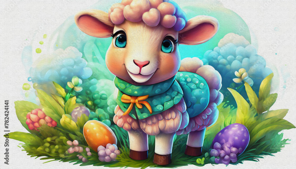 Naklejka premium oil painting style CARTOON CHARACTER CUTE BABY a sheep isolated on white background, top view. side front view, animal,