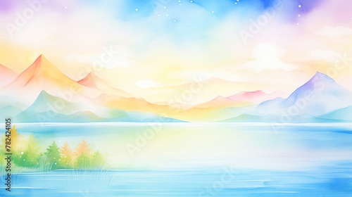 Fantasy Landscape, Mystical landscape, vibrant colors, dreamy sky, cartoon drawing, water color style. © Watercolorbackground