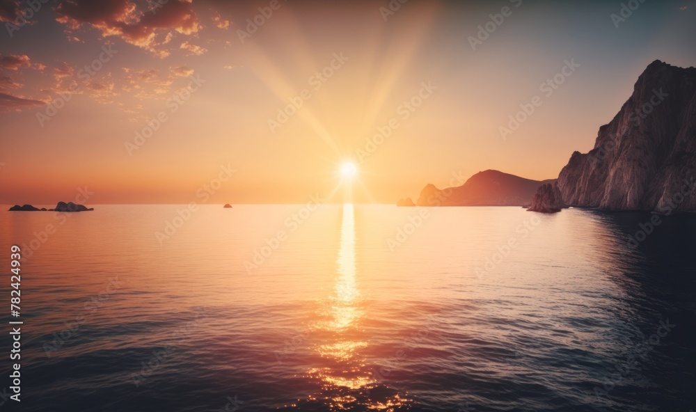 Tranquil Mediterranean Sunrise: Serene Seascape with Glowing Morning Light Generative AI Tranquil Mediterranean Sunrise: Serene Seascape with Glowing Morning Light Generative AI