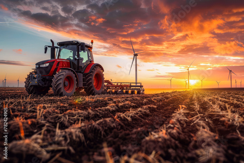 Tractor plowing a field with wind turbines, spring agricultural work