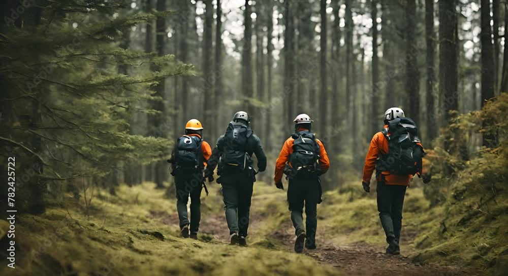 Group of rescuers in the forest. Group of rescuers in the forest.