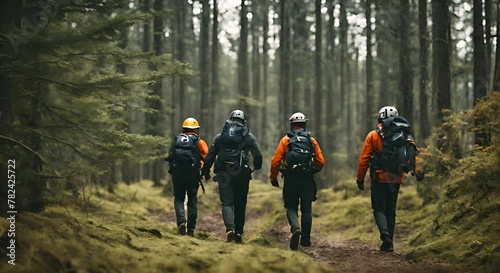 Group of rescuers in the forest. photo