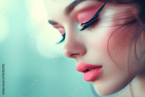 Studio photo of a woman face showing perfectly done pink makeup