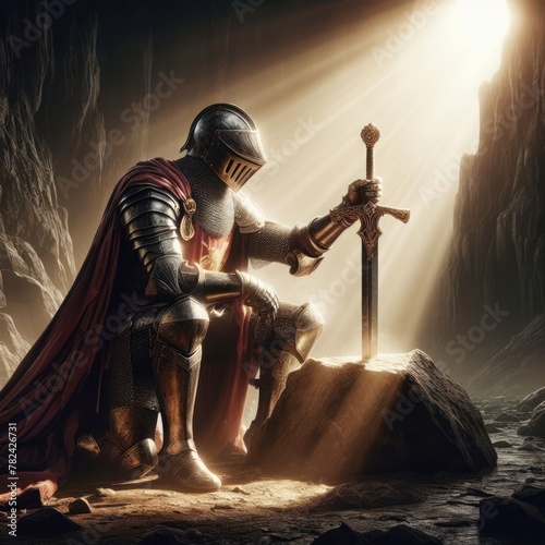 A knight kneeling near a sword stuck in a stone. photo