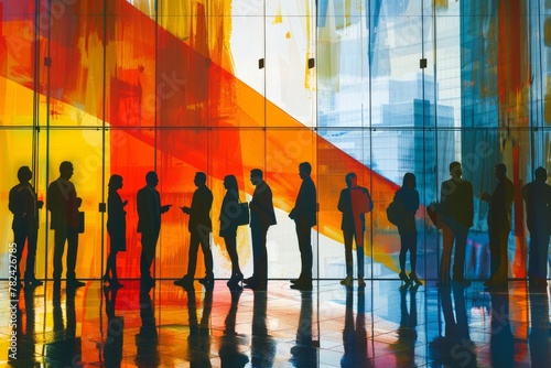 A group of business people standing in lines, engaged in conversation and discussing ideas with each other with abstract shapes and colors Generative AI