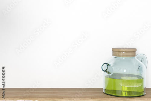 Interior background kitchen with glass teapot, 3d render