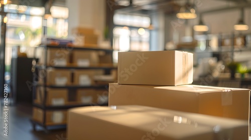 Cardboard boxes on a wooden table in a bright, well-lit warehouse space. Close-up shot focused on the texture. Image perfect for logistics and storage themes. AI