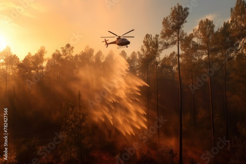 Aerial Firefighting Helicopter Drops Water on Raging Forest Fire Generative AI