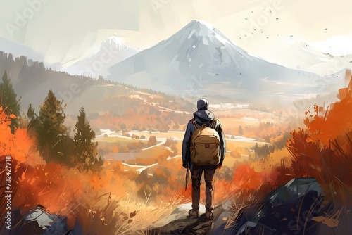 Breathtaking Autumn Landscape with Hiking Backpacker Generative AI #782427718