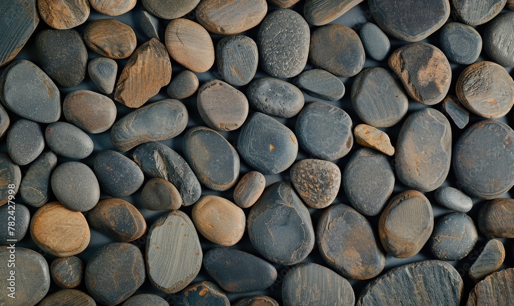 top view of smooth river pebbles in shades of gray and tan top view of smooth river pebbles in shades of gray and tan