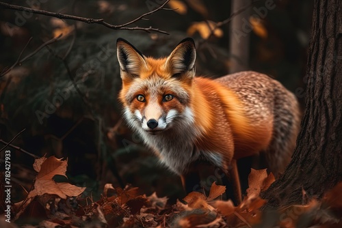 Curious Red Fox Prowling Through Autumnal Forest Generative AI © AlexandraRooss