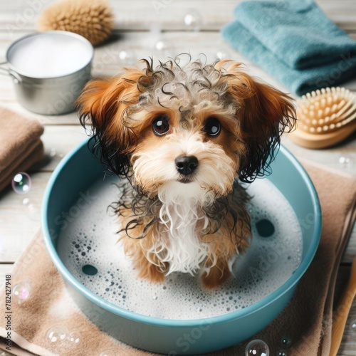 A small dog sits in soapy water in a bowl.