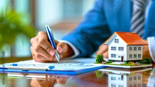 Professional real estate agent signing contract by miniature house model. Man in business attire completing deal. Real-estate transaction concept. Office environment. AI photo