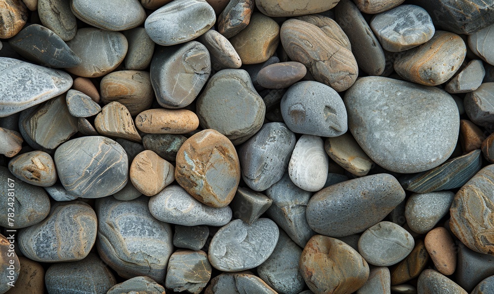 top view of smooth river pebbles in shades of gray and tan top view of smooth river pebbles in shades of gray and tan