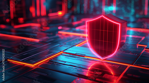 A radiant red shield emblem illuminated on a backdrop of interconnected digital network pathways representing secure systems photo