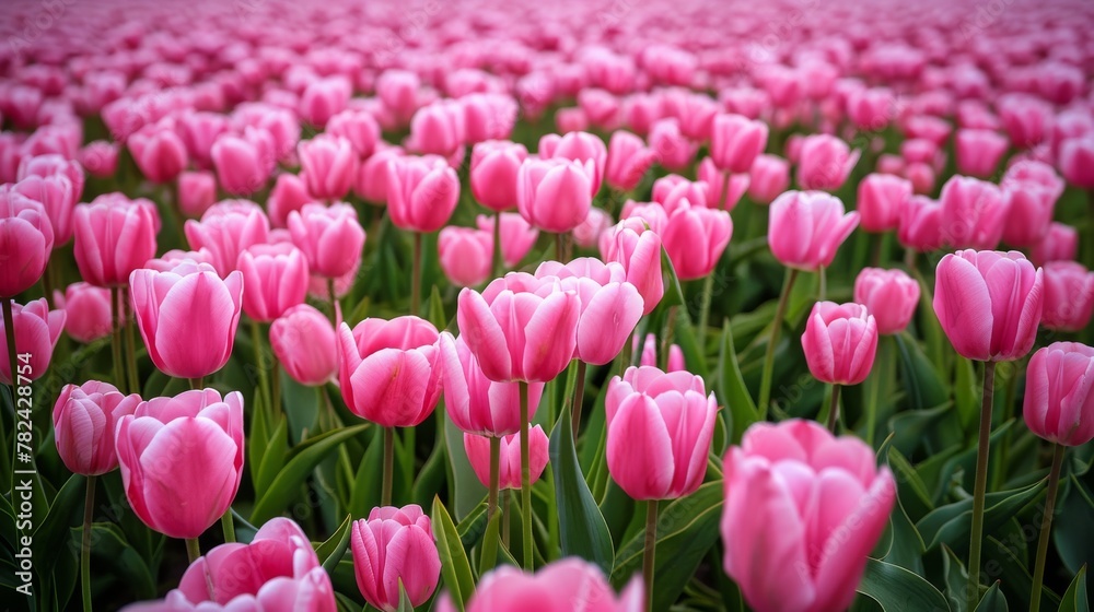 A breathtaking view of a vast field filled with vibrant pink tulips in spring, creating a romantic and picturesque landscape