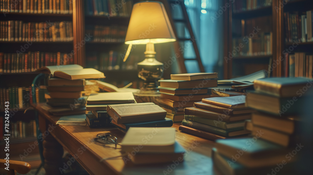Several stacked books on a classic wooden table with a reading lamp, in a library full of bookshelves Several stacked books on a classic wooden table with a reading lamp, in a library full of bookshelves