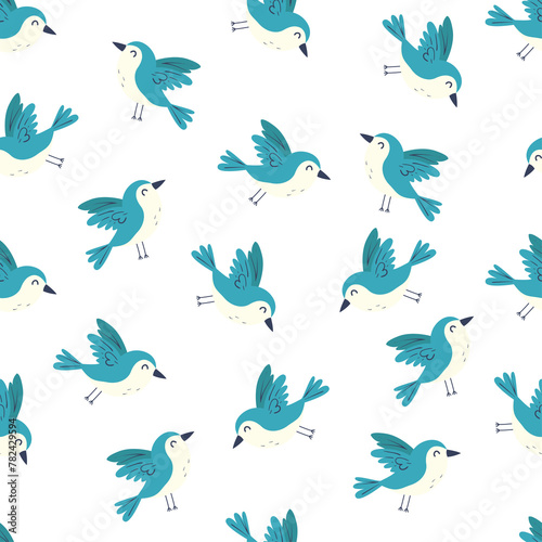 Cute birds on a seamless background. Creative print for fabric  children s room. Children s drawing in flat style. Template for textile  wallpaper  packaging  cover