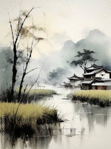 Traditional Chinese village, river, fog