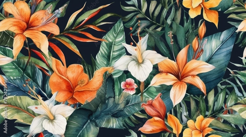 Tropical Plant and Orange Flower Pattern - background or decor Generative AI