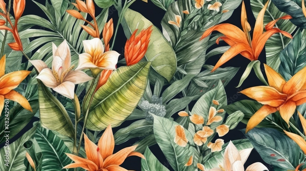 Tropical Plant and Orange Flower Pattern - decorative background Generative AI
