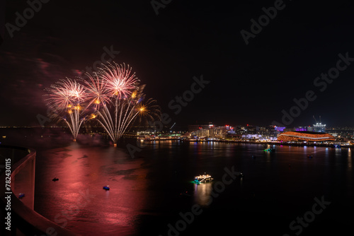 Fireworks in Yas Bay Abu Dhabi for celebrating public islamic holiday Eid Al Fitr