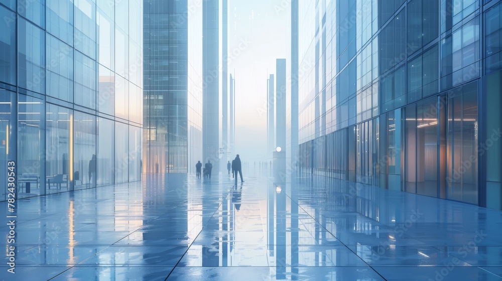 A futuristic urban skyline with gleaming buildings and reflective surfaces depicting a busy city life in serene light
