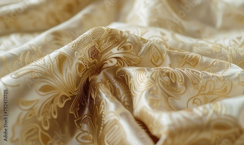 closeup view of luxurious brocade fabric in intricate gold and cream patterns