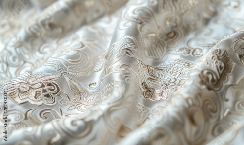 closeup view on luxurious brocade fabric in intricate silver and white patterns